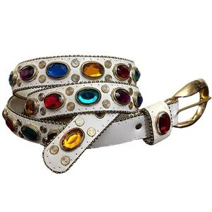 Vintage 1980’s White Leather belt gold hardware colorful Faux Gem Studded